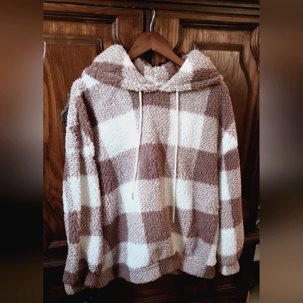 NWOT - SHEIN - Plush Plaid Teddy Drawstring Hoodie Brown - 3xl Curvy